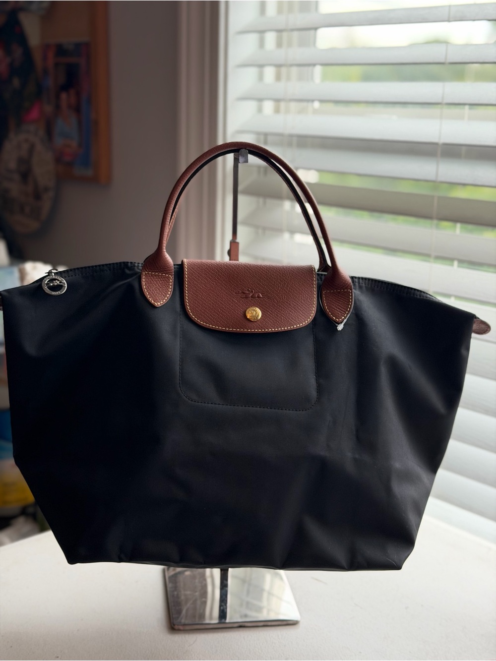 Longchamp Le Pliage Large Nylon Tote – Black with Brown Leather Handles